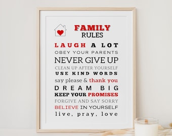 Familieregels speelkamer familiemotto moderne muurkunst afdrukbare christelijke decor print in ons huis kinderposter bijbelse huisregel print