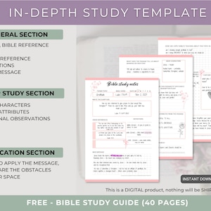 May include: A digital Bible study template featuring three pages with pink floral accents. The pages include sections for theme, Bible verse, date, scripture, cross-references, definitions, main message, characters, attributes, and application.