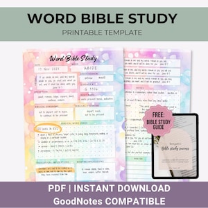 Puede incluir: Una plantilla imprimible de Estudio Bíblico de Palabras con un diseño colorido. La plantilla incluye secciones para la fecha, la palabra, la definición, los sinónimos y el uso. Una tableta digital muestra una guía de estudio bíblico gratuita.