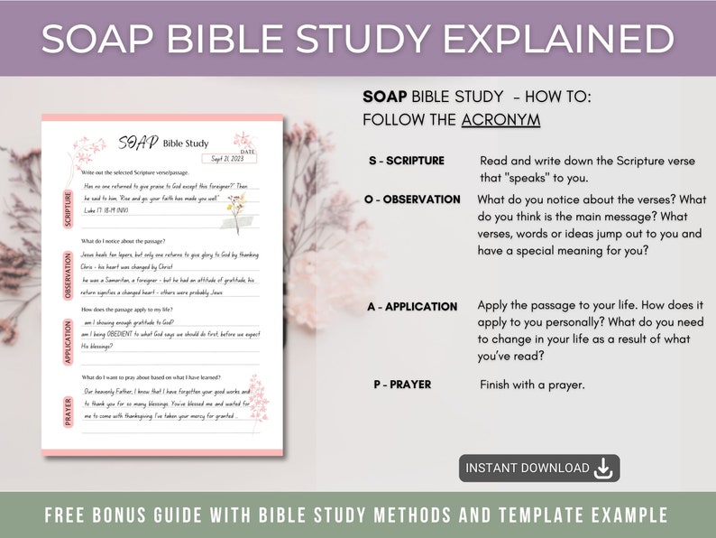 K&ouml;nnte beinhalten: Eine druckbare SOAP-Bibelstudienvorlage mit einem rosa-wei&szlig;en Blumendesign. Das Akronym SOAP steht f&uuml;r Schrift, Beobachtung, Anwendung und Gebet. Die Vorlage enth&auml;lt Abschnitte f&uuml;r jeden Schritt der Studie mit Aufforderungen, die den Benutzer durch den Prozess f&uuml;hren.