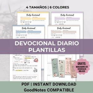 May include: A digital download featuring daily devotional templates in various colors. The image includes templates with sections for date, Bible reading, and gratitude. The image also includes bookmarks with floral designs and Bible verses.