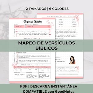 Könnte beinhalten: Digitale Bibelstudienseiten in Rosa und Weiß mit spanischem Text. Die Seiten enthalten den Text "2 Größen | 6 Farben", "Versículo Bíblico" und "PDF | Sofortiger Download Kompatibel mit GoodNotes".