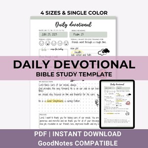 Puede incluir: Una plantilla digital de devocional diario con el texto "Daily devotional" y "Bible Study Template". El diseño incluye secciones para la fecha, la lectura bíblica y la reflexión. La imagen también muestra una tableta que muestra la plantilla.