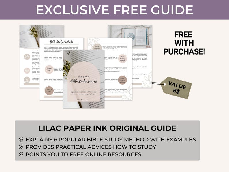 May include: A digital download guide for Bible study methods. The guide includes 6 popular methods with examples, practical advice, and free online resources. The guide is free with purchase and has a value of $8.