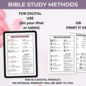 Op de afbeelding: Een digitale gids voor bijbelstudiemethoden weergegeven op een tabletscherm en als twee geprinte vellen. De tekst bevat acroniemen zoals HEART en TEXT, samen met instructies voor digitaal gebruik of printen. Dit is een digitaal product, geen fysiek item.
