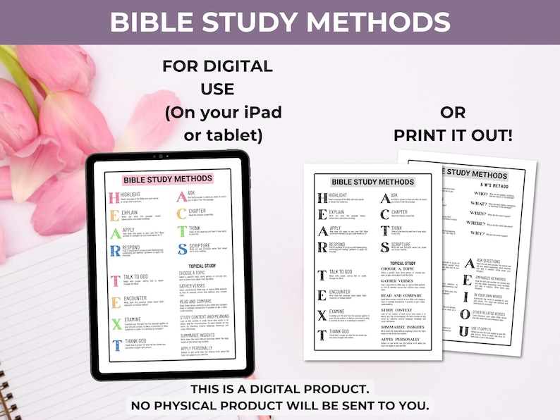 Op de afbeelding: Een digitale gids voor bijbelstudiemethoden weergegeven op een tabletscherm en als twee geprinte vellen. De tekst bevat acroniemen zoals HEART en TEXT, samen met instructies voor digitaal gebruik of printen. Dit is een digitaal product, geen fysiek item.