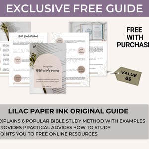 May include: A digital guide titled Short guide to Bible study success by Lilac Paper Ink, featuring six study methods, practical advice, and online resources. The document includes text, circular icons, and floral line art graphics on white pages.