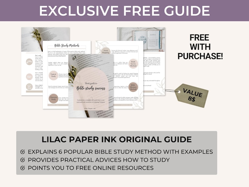 May include: A digital guide titled Short guide to Bible study success by Lilac Paper Ink, featuring six study methods, practical advice, and online resources. The document includes text, circular icons, and floral line art graphics on white pages.