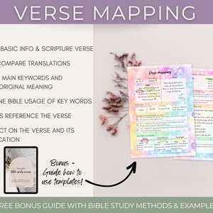 May include: A colorful guide with the title "Verse Mapping" and a checklist of steps for studying a Bible verse. The guide includes a bonus guide with Bible study methods and examples.