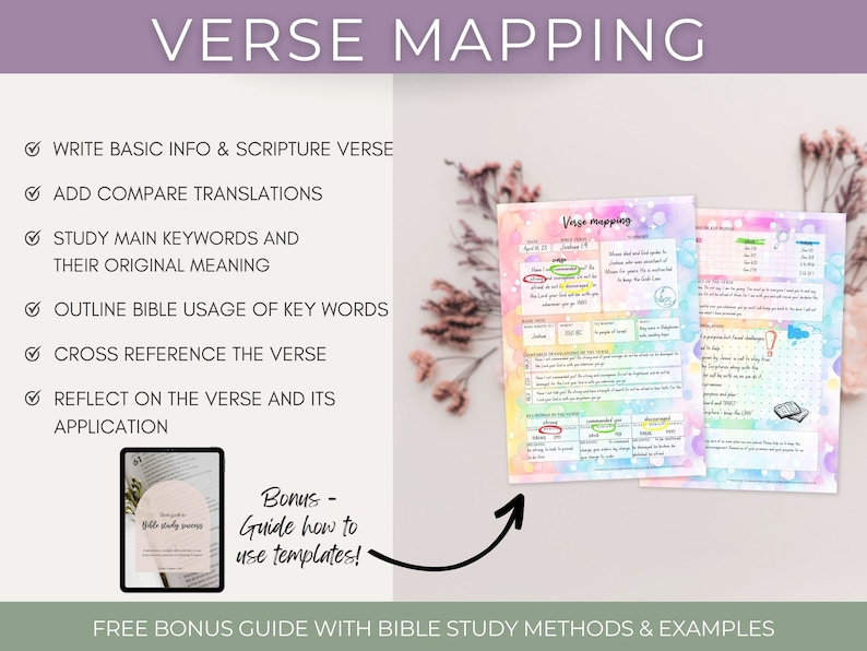 May include: A colorful guide with the title "Verse Mapping" and a checklist of steps for studying a Bible verse. The guide includes a bonus guide with Bible study methods and examples.