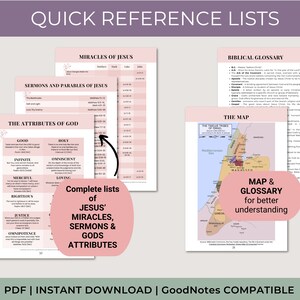 May include: A pink and white printable PDF document with the title "Quick Reference Lists". The document contains lists of Jesus' miracles, sermons, and attributes of God. It also includes a map of Israel and a biblical glossary.