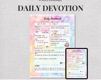 May include: A daily devotional planner page with a pastel watercolor background featuring sections for date, bible reading, mood tracking, prayer requests, and reflections. The text includes 'DAILY DEVOTION', 'Daily devotional', and '4 SIZES AVAILABLE'.