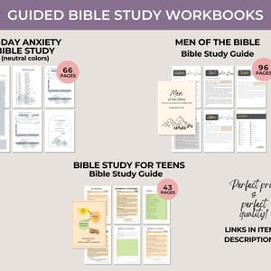 May include: Three sets of guided Bible study workbooks featuring 30-Day Anxiety Bible Study with 66 pages, Men of the Bible Bible Study Guide with 96 pages, and Bible Study for Teens Bible Study Guide with 43 pages, displaying various page layouts.