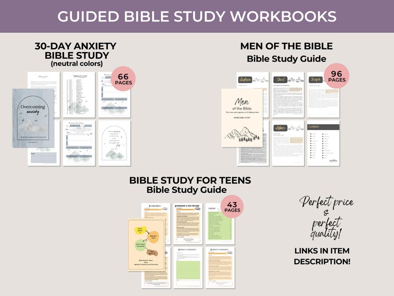 May include: Three sets of guided Bible study workbooks featuring 30-Day Anxiety Bible Study with 66 pages, Men of the Bible Bible Study Guide with 96 pages, and Bible Study for Teens Bible Study Guide with 43 pages, displaying various page layouts.