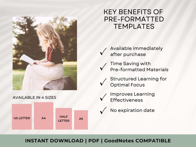 May include: A graphic with a young woman reading a book in a park. The graphic also includes a list of key benefits of using pre-formatted templates, including time saving, structured learning, and improved learning effectiveness. The graphic also states that the templates are available in four sizes: US Letter, A4, Half Letter, and A5. The graphic also states that the templates are an instant download, PDF, and GoodNotes compatible.