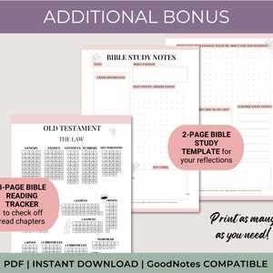 May include: A printable PDF download of a Bible study and reading tracker. The tracker includes pages for Old Testament reading, Bible study notes, and a 2-page template for reflections. The text "Print as many as you need!" is included. The document is compatible with GoodNotes.