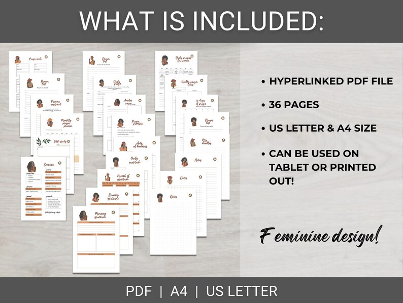 May include: A digital planner with 36 pages, designed for use on a tablet or printed out. The planner includes a variety of pages for prayer, gratitude, and other personal reflection. The planner is available in US Letter and A4 sizes.