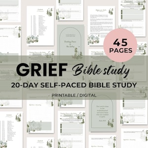 Op de afbeelding: Een printbare of digitale, 20-daagse, zelfgestuurde Bijbelstudie over rouw. De studie omvat 45 pagina's met een groen-wit aquarelontwerp met bergen en bomen. De titel van de studie is "GRIEF Bible study".