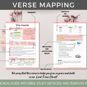 May include: A printable Bible study worksheet with a pink and white color scheme. The worksheet is titled "Verse Mapping" and includes sections for main info, basic info about verse context, compare translations, word study, reflection and application space, usage of the words, cross reference, and prayer space. The worksheet includes the text "We pray that this resource helps you grow in grace and faith in our Lord Jesus Christ!"