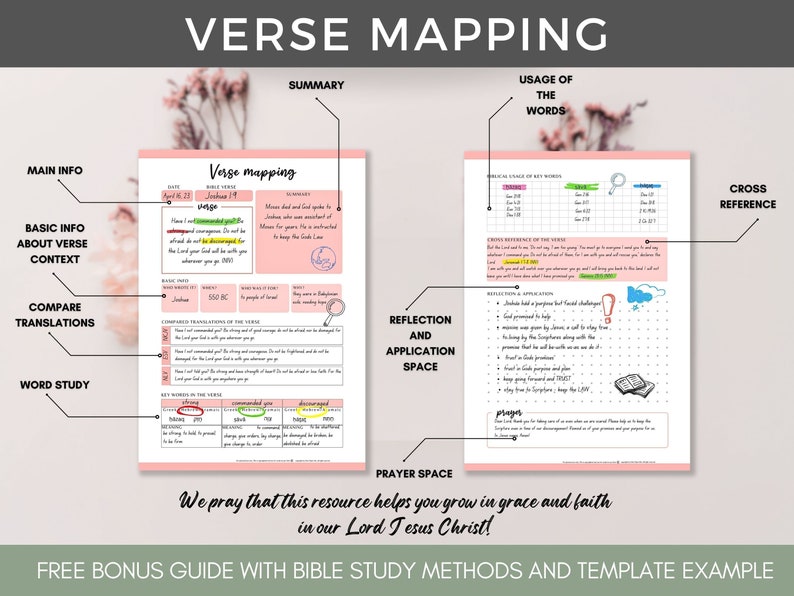 May include: A printable Bible study worksheet with a pink and white color scheme. The worksheet is titled "Verse Mapping" and includes sections for main info, basic info about verse context, compare translations, word study, reflection and application space, usage of the words, cross reference, and prayer space. The worksheet includes the text "We pray that this resource helps you grow in grace and faith in our Lord Jesus Christ!"