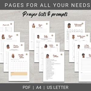 May include: A set of printable prayer list and prompt pages featuring illustrations of women in various poses. The pages include titles such as "Prayer Journal", "Daily Prayers for Women", "Weekly Prayer Focus", "Anchor Verses", "Prayer Prompts", "Monthly Prayer Planner", "5 Days of Prayer", and "Prayers for my Family".