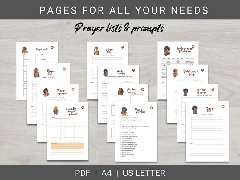 May include: A set of printable prayer list and prompt pages featuring illustrations of women in various poses. The pages include titles such as "Prayer Journal", "Daily Prayers for Women", "Weekly Prayer Focus", "Anchor Verses", "Prayer Prompts", "Monthly Prayer Planner", "5 Days of Prayer", and "Prayers for my Family".