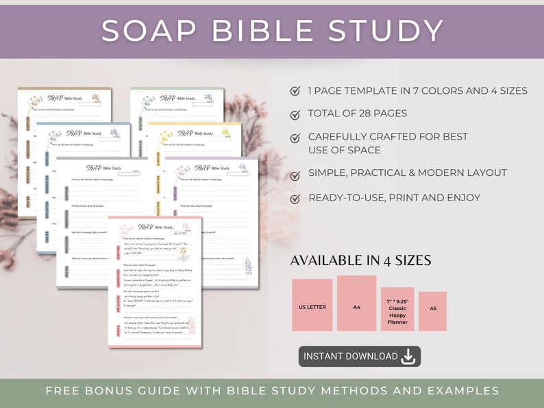 K&ouml;nnte beinhalten: Eine druckbare SOAP-Bibelstudienvorlage in sieben Farben und vier Gr&ouml;&szlig;en. Die Vorlage enth&auml;lt einen Leitfaden mit Methoden und Beispielen f&uuml;r Bibelstudien. Die Vorlage steht zum sofortigen Download bereit.