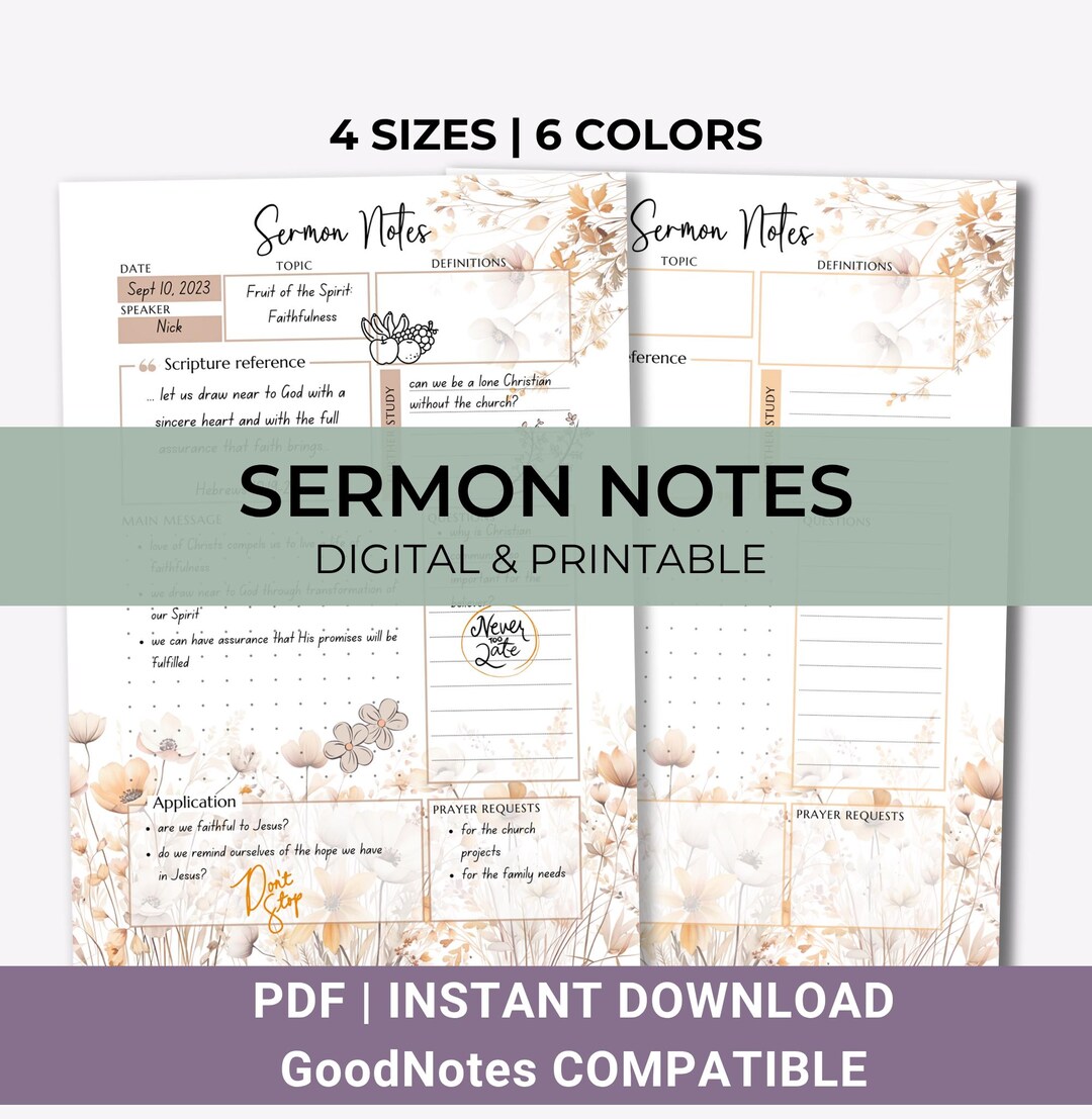 Sunday Service Notebook Sermon Notes Journal Printable & Digital Bible Journal, Sermon Summary ...