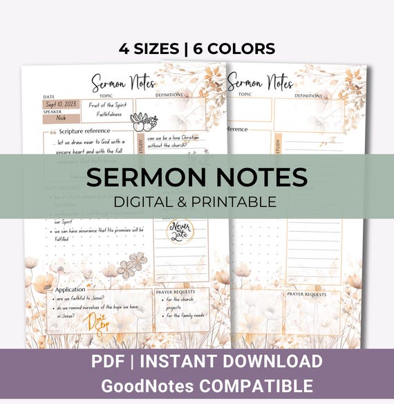 Sermon Notes Journal Printable & Digital Bible Journal, Sermon Summary Notes, Church Service Notes, Wildflowers PDF
