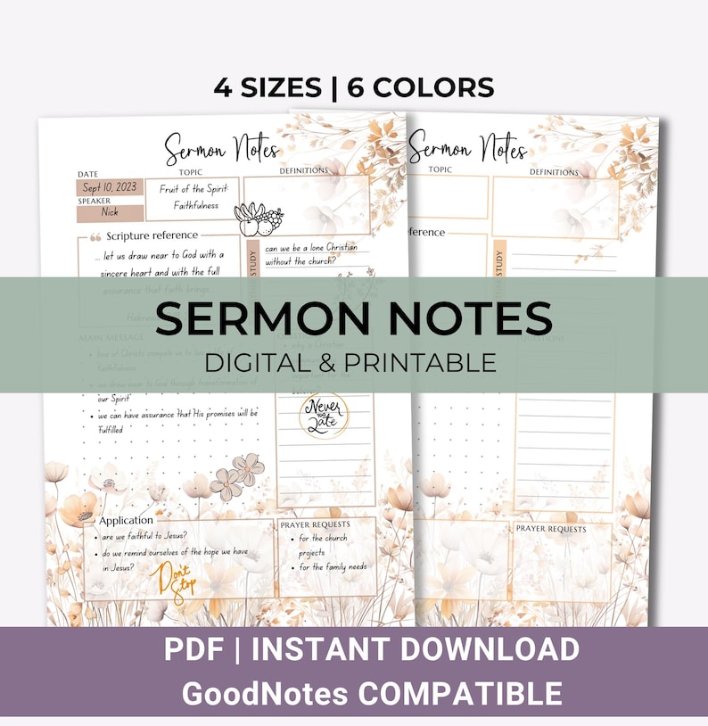 Sermon Notes Journal Printable & Digital Bible Journal, Sermon Summary Notes, Church Service Notes, Wildflowers PDF
