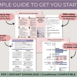 May include: A pink and white guide with the title "Simple Guide to Get You Started" and instructions on how to study the Bible. The guide includes a step-by-step guide, short info about each book, a beginners Bible reading plan, a timeline of books for better context, and a biblical events timeline.