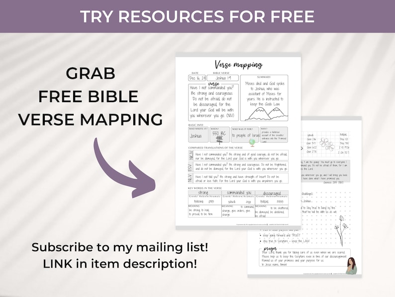 May include: A printable Bible verse mapping worksheet with the text "Grab Free Bible Verse Mapping" at the top. The worksheet includes a section for the verse, a summary, and a breakdown of key words in the verse. The worksheet is designed to help people study and understand the Bible.
