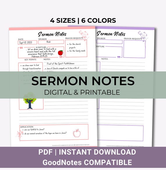Digital Sermon Note Template, Goodnote Sermon, Printable Sermon Notes, Church Note PDF, Sermon Journal