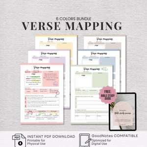 May include: A 6-color bundle of verse mapping templates featuring sections for date, verse, and summary. The pages include fields for compared translations and key words. A digital tablet displays a Bible study guide, with PDF and GoodNotes icons.