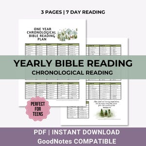 May include: A printable Bible reading plan with the text "ONE YEAR CHRONOLOGICAL BIBLE READING PLAN." The plan includes a weekly reading schedule and the text "YEARLY BIBLE READING CHRONOLOGICAL READING." The image also includes the text "PERFECT FOR TEENS."
