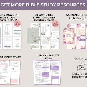 Puede incluir: Una colecci&oacute;n de recursos digitales de estudio b&iacute;blico que incluye un estudio de 30 d&iacute;as sobre la ansiedad, 20 d&iacute;as sobre el duelo, una gu&iacute;a de mujeres de la Biblia, un estudio de cap&iacute;tulos y un estudio de personajes, con dise&ntilde;os florales.