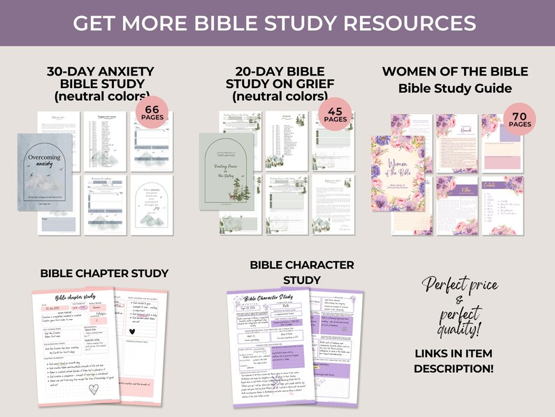 Puede incluir: Una colecci&oacute;n de recursos digitales de estudio b&iacute;blico que incluye un estudio de 30 d&iacute;as sobre la ansiedad, 20 d&iacute;as sobre el duelo, una gu&iacute;a de mujeres de la Biblia, un estudio de cap&iacute;tulos y un estudio de personajes, con dise&ntilde;os florales.
