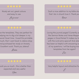 May include: Five customer reviews with five stars each, featuring positive feedback on printable templates for personal quiet time, journal pages, and bible study. The reviews include names like Suzanne, Rene, Karen, Eva, and Nora.