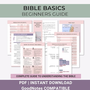 May include: A collection of digital Bible study guides with the title "Bible Basics Beginners Guide." The guides include topics like miracles, Pauline epistles, and a Bible reading plan. The guides are available for instant download.