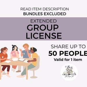 Puede incluir: Ilustración de cuatro personas diversas sentadas alrededor de una mesa, conversando. La imagen incluye el texto "Licencia de grupo extendida" y "Compartir hasta 50 personas". También hay un logotipo con un libro abierto y mariposas.