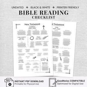 May include: A black and white Bible reading checklist featuring two pages with sections for the New Testament and Old Testament. The pages include book titles, chapter boxes, and decorative icons like a cross, crown, and quill for tracking progress.