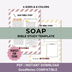 May include: A digital SOAP Bible study template with a pink and white geometric border. The template includes sections for scripture, observation, application, and prayer. Text includes "SOAP Bible Study Template" and "Perfect for Teens."