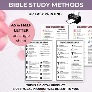 Op de afbeelding: Een digitale printbare gids getiteld BIBLE STUDY METHODS met diverse op acroniemen gebaseerde kaders zoals SOAP, REAP, AEIOU, HEART en ACTS. Het document bevat instructies voor A5 en half-letter formaat afdrukken, gepresenteerd met roze tulpen.