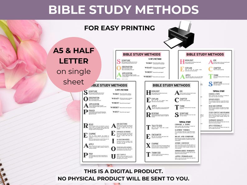 Op de afbeelding: Een digitale printbare gids getiteld BIBLE STUDY METHODS met diverse op acroniemen gebaseerde kaders zoals SOAP, REAP, AEIOU, HEART en ACTS. Het document bevat instructies voor A5 en half-letter formaat afdrukken, gepresenteerd met roze tulpen.