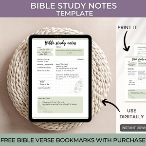May include: A digital printable Bible study notes template with a green and white color scheme. The template includes sections for the date, Bible reference, definitions and characters, summary, and main message. The text "Bible study notes" is at the top of the page. The text "Print it" and "Use digitally" are on the right side of the image.