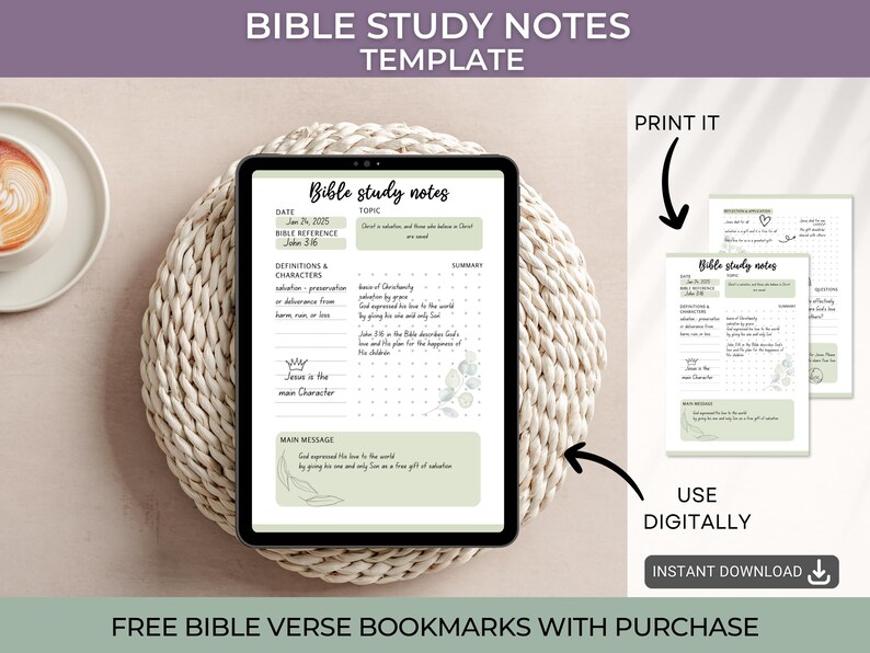 May include: A digital printable Bible study notes template with a green and white color scheme. The template includes sections for the date, Bible reference, definitions and characters, summary, and main message. The text "Bible study notes" is at the top of the page. The text "Print it" and "Use digitally" are on the right side of the image.