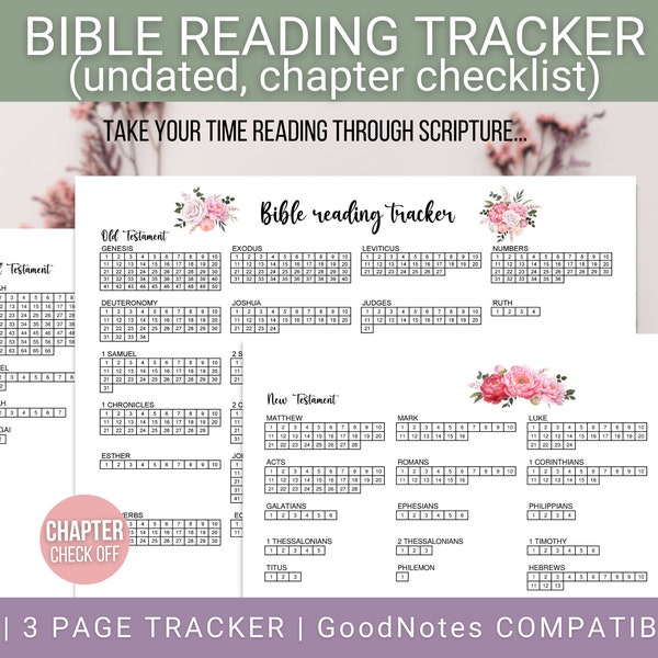 Bible reading Plan, Protestant Bible reading plan, Undated Bible reading log, Bible reading tracker, Books of the Bible chapter plan, PDF