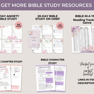 K&ouml;nnte beinhalten: Eine Sammlung druckbarer Bibelstudienmaterialien, darunter eine 30-t&auml;gige Bibelstudie &uuml;ber Angst, eine 20-t&auml;gige Bibelstudie &uuml;ber Trauer, ein Bibel-Lese-Tracker f&uuml;r ein Jahr nach Genre, eine Bibelkapitelstudie und eine Bibelcharakterstudie. Die Materialien sind mit floralen Designs versehen und zum Kauf erh&auml;ltlich.