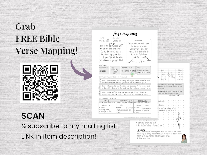 May include: A white printable sheet titled Verse mapping with sections for date, Bible verse, summary, and key words. A QR code is on the left with text reading Grab FREE Bible Verse Mapping! SCAN & subscribe to my mailing list! LINK in item description!