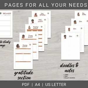 May include: Printable digital planner pages featuring a black woman with brown hair and a brown outfit. The pages include sections for Bible study, gratitude, and doodles and notes. The pages are available in A4 and US Letter sizes.